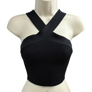 Babaton XS Black Ribbed Criss Cross Halter Crop Top Party Going Out